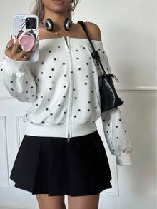 INAWLY Retro Girl's Off Shoulder Five-Pointed Star Print Sweatshirt - Multicolor - View 8