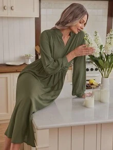 Louniche Women's Elegant Formal Office Commute Casual Holiday Party Vintage Teacher Autumn Middle Eastern Style Solid Mandarin Collar Waistband Elastic Waist A-Line Asymmetric Hem Long Sleeve Maxi Dress - Army Green - View 6