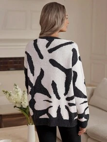 Louniche Black & White Floral Knitted Wool Cardigan For Women, Autumn/Winter - Black - View 2