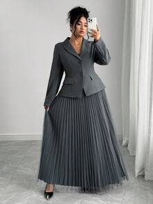 Franclia Plus Size Women French Style Casual Blazer & Mesh Midi Skirt 2 Pieces Set - Dark Grey - View 5