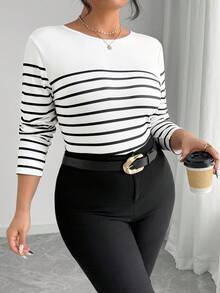 Elenzga Plus Size Striped Backless Bow Cutout T-Shirt, Spring/Summer Bow Clothes Women Long Sleeve Tops Stripe Top Bow Tops Bow Top Women