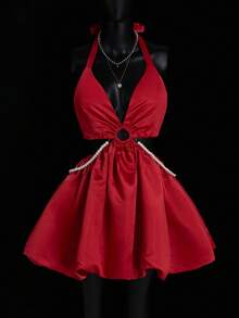 SHEIN ICON Women's Red Pearl Decor Backless Halter Mini Dress, Red - Red - View 1