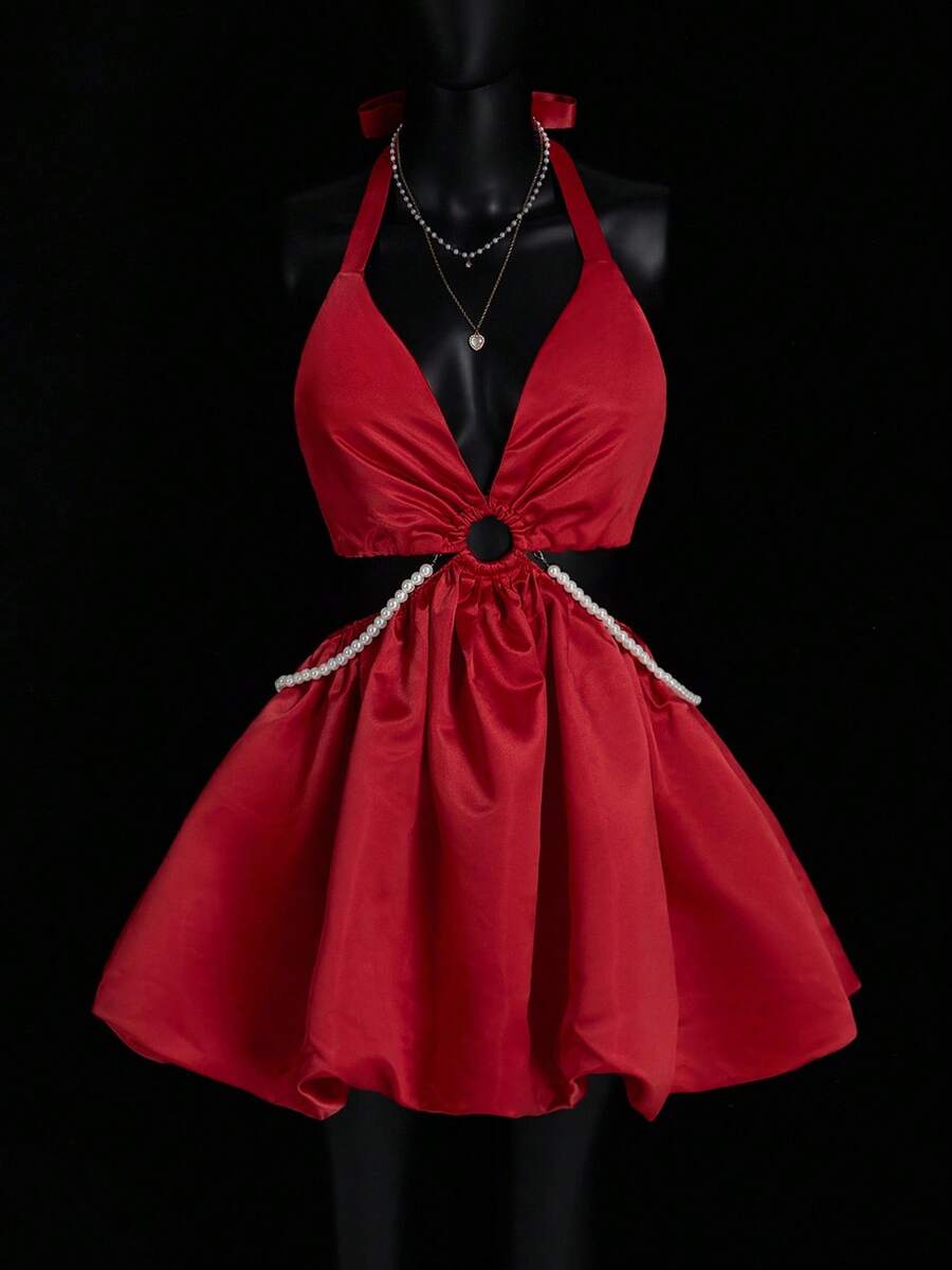 SHEIN ICON Women's Red Pearl Decor Backless Halter Mini Dress, Red - Red - View 1