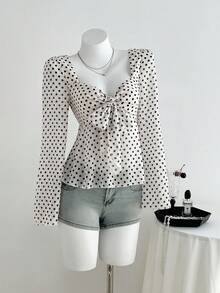 SHEIN Unity 1pc Women's Apricot V-Neck Tie Front Polka Dot Flare Sleeve Casual/Work Blouse - Apricot - View 4