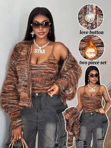Maweii Plus Size Women Elegant Multicolor Knitted Heart Metal Button Cardigan With Furry Strap, Fashionable Two Pieces Outerwear Top Fall Cloth For Women - Multicolor - View 2