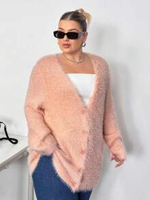 Truni Plus Size Women Pink Knitted Cardigan, Long Sleeve Long Style Knit Sweater Jacket In Fall/Winter, For Pear & Triangle Body Shape - Pink - View 4