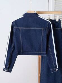 少女Y2K休闲纯色水洗侧条纹拼接原色牛仔宽松短外套，适合返校、返校节、教堂、商务休闲场合，以及街头风格。 - 深色水洗藍 - 查看 2