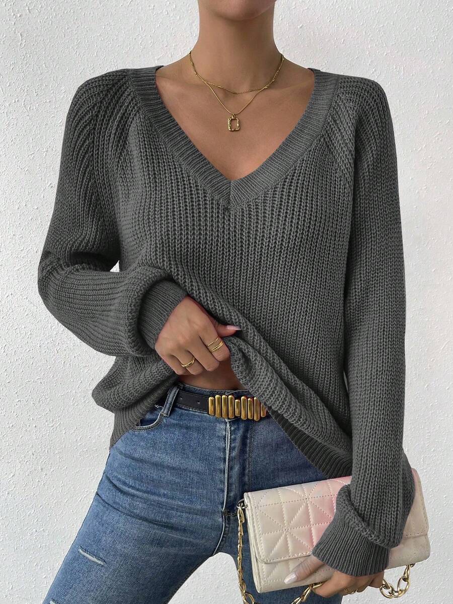 EMERY ROSE 女式V领休闲纯色长袖毛衣 - 灰色 - 查看 1