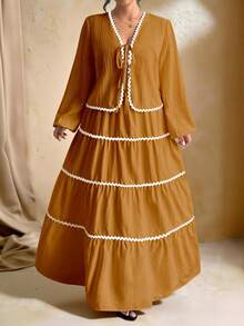 SHEIN Tall Conjunto de 2 peças elegante e romântico francês, composto por: Cardigan de manga longa com textura trançada e cinto de amarrar para mulheres plus size, design de bainha com babado contrastante, e Saia Maxi com cintura elástica - Laranja - Visão 3