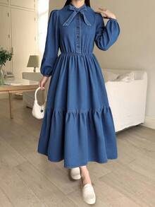 Teen Girl Blue Denim Ruffle Collar Puff Sleeve Dress,Elegant Cinched-Waist Dress,Long-Sleeved Denim Dress,Fall Clothes,Autumn Clothes ,Casual And Fashionable Vacation Outfits,Homecoming Dress,Hoco Dressses Winter - Dark Wash - View 1