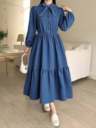 Teen Girl Blue Denim Ruffle Collar Puff Sleeve Dress,Elegant Cinched-Waist Dress,Long-Sleeved Denim Dress,Fall Clothes,Autumn Clothes ,Casual And Fashionable Vacation Outfits,Homecoming Dress,Hoco Dressses Winter