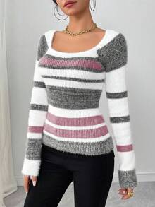 SHEIN LUNE Jersey de cuello cuadrado ajustado con mangas raglán a rayas para mujer, otoño - Multicolor - Ver 3