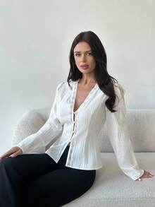 Firerie Women's Elegant Off-White Autumn Dinner Date Lace Patchwork V-Neck Long Sleeve Button Front Cotton Blend Fitted Shirt,Daily Casual Commute Office Wear - White - View 6