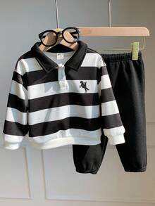 SHEIN 2件套男/女童休闲可爱撞色Polo领长袖卫衣和裤子两件套，适合秋冬季节。男童两件套条纹Polo衫套装，男童两件套服装，男童休闲套装，长袖男童服装，3岁男童服装，男童运动服秋季服装。 - 彩色 - 查看 3