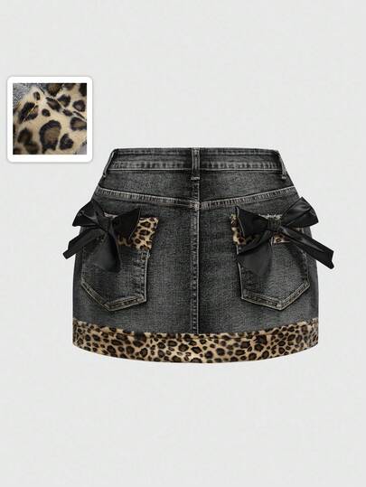 Kawaii Y2K Subculture Retro Sexy Leopard Print Patchwork Bow Denim Mini Skirt For Women