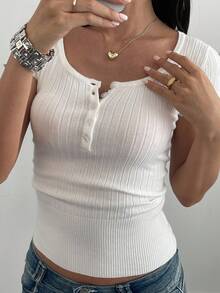 Livesso Women's Solid Color Button Half Placket Casual Knit Top, Short Sleeve, Autumn - White - View 4