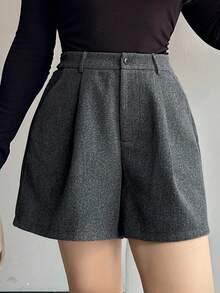 DAZY 大码女式纯色加厚羊毛混纺休闲短裤，秋冬款 - 深灰色 - 查看 9