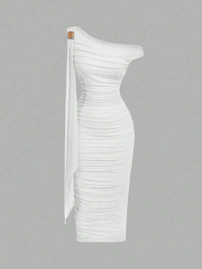 SHEIN MOD Vestido midi de mujer con cintura anudada y volantes asimétricos de unicolor, elegante y entallado, vestido para invitada de boda