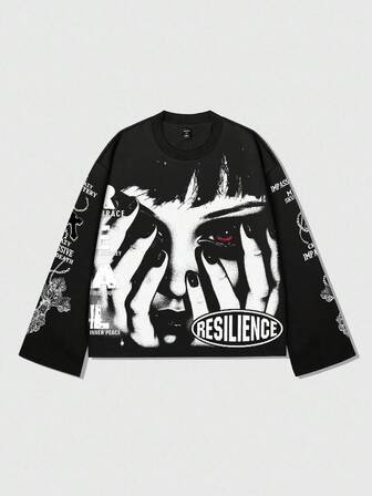 Street Life T-shirt à manches longues avec imprimé graphique en anglais représentant le visage d'une femme de beauté sombre américaine, style urbain, automne