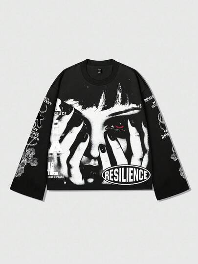 Street Life قميص تي شيرت بأكمام طويلة مع طباعة وجه امرأة جميلة أمريكية قاتمة، طبعة جرافيك إنجليزية، موضة الخريف للرجال