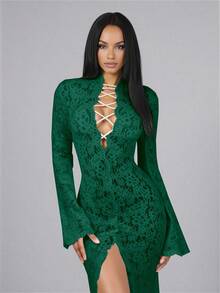 Zolique 秋季新款优雅女士深V吊带喇叭长袖毛边厚蕾丝开领连衣裙适合派对、婚礼、约会、郊游 - 綠色 - 查看 3