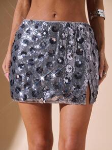 SHEIN BAE Váy ngắn bó sát đính sequin hoa 3D lấp lánh màu bạc thanh lịch dành cho nữ, thích hợp cho tiệc đơn, tiệc cocktail, tiệc lễ hội, tiệc sinh nhật, giáng sinh, halloween - Bạc - Xem 6