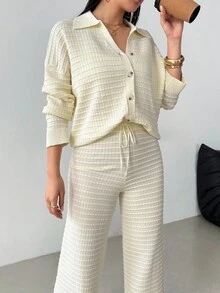 Modelyn 女士优雅时尚落肩长袖针织开衫和针织裤两件套 - 杏色 - 查看 1