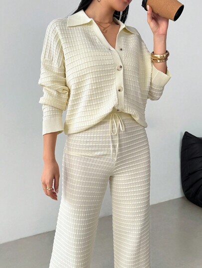 Modelyn 女士优雅时尚落肩长袖针织开衫和针织裤两件套