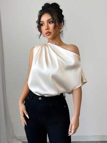 Chiquease Women's Satin Pleated Asymmetric Shoulder Blouse, Elegant And Relaxed Style For Banquet, Commute, Casual Wear, Spring/Summer French Style One Shoulder Shirt One Shoulder Top One Sleeve Top Off Shoulder Shirts Draped Top Off Shoulder Blouse - Apricot - View 1