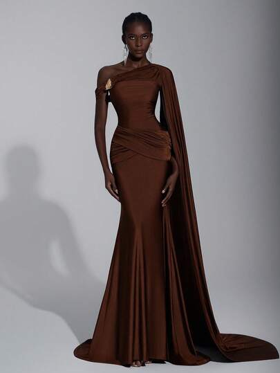 Elitara Elegant Fashion Apocalyptic Chocolate Brown Knit Fabric Asymmetric Shoulder Half Exposed Shoulder Tailored Fitted Mermaid Hem Dress, Handcrafted Dimensional Pleats Metal Buckle Waist Crossover Ruched Fitted Mermaid Hem, Suitable For Fashion Galas, Formal Dinners, Business Events, Balls, Cocktail Parties, Halloween Parties, Wedding Guest Dresses