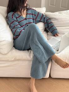 DAZY 女士针织条纹提花上衣和纯色宽松睡裤家居服套装，冬季舒适秋季服装 - 藍色 - 查看 1