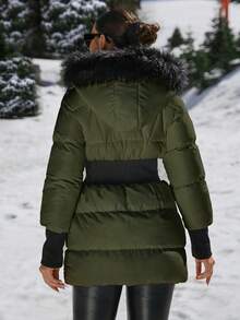 EURMUSE Padded Coat With Furry Hood And Adjustable Waist, Two Side Pockets, Thick And Fashionable Puffer Jacket, Quilting Details - Army Green - View 3