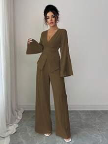 Elenzga 新款春秋纹理奶油黄色女装，法式交叉系带腰部修身 V 领喇叭袖蝴蝶结后背衬衫 + 高腰宽松阔腿裤 2 件套，经典百搭，适合日常、通勤、度假、约会、派对 - 棕色 - 查看 4