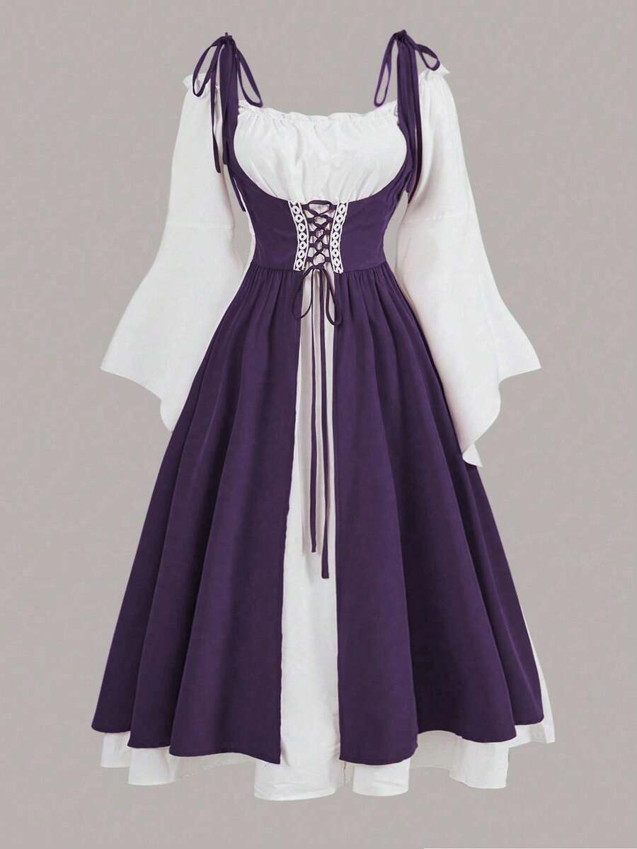 Sweetra 大码休闲拼色二合一抽绳A字长裙女装 - 紫色 - 查看 1