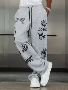 Manfinity EMRG 男士休闲印花口袋抽绳长裤，男士时尚街头骷髅字母印花口袋抽绳运动裤，浅灰色Y2K哥特风秋冬运动裤，万圣节和返校季的完美之选，送给男友的理想礼物，冬季时尚街头风，校园和万圣节必备 - 淺灰色 - 查看 4
