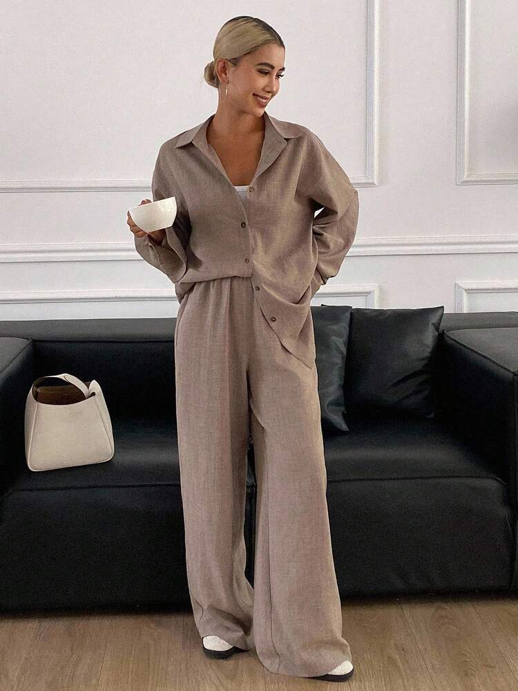 Western Style Vacation Beach Solid Color Linen Loose Casual 2-Piece Set For Women, Spring Lounge Sets For Women