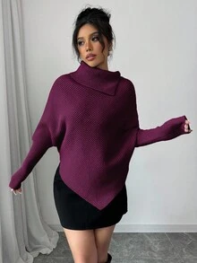 SHEIN Elenzya Áo len dệt kim cổ cao màu trơn cánh dơi bất đối xứng cổ điển dành cho nữ, thời trang và đa năng cho ngày lễ và kỳ nghỉ - Màu đỏ tím - Xem 6