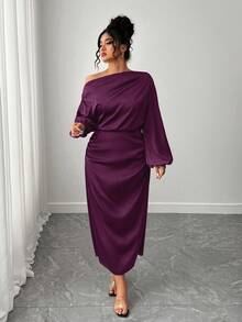SHEIN Elenzya Plus Size Women Satin Asymmetric Ruffled Cold Shoulder Bodycon A-Line Dress - Purple - View 4