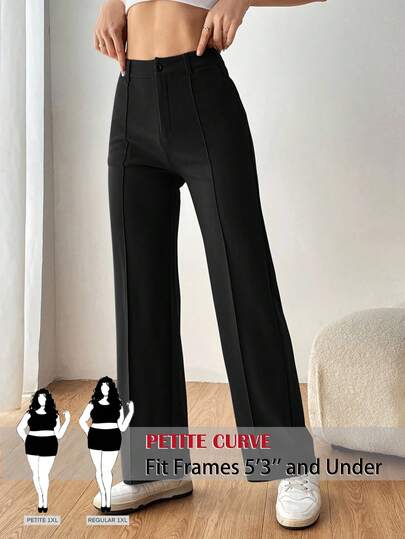 SHEIN PETITE CURVE Plus Size Women Casual Minimalist Commuter Versatile Solid Color Seam Front Straight Leg Pants/ Winter