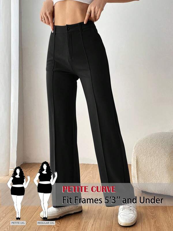 SHEIN PETITE CURVE Plus Size Women Casual Minimalist Commuter Versatile Solid Color Seam Front Straight Leg Pants/ Winter