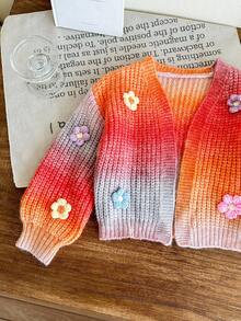 SHEIN LMoss Kids Cardigan ample décontracté avec fleurs 3D blocs de couleurs pour jeune fille, vêtements d'automne et d'hiver pour fille - Multicolore - Voir 4