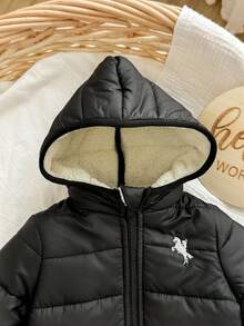 1件装新生儿时尚休闲连帽黑色羽绒服，带抓绒内衬，保暖舒适，适合冬季穿着，绗缝外套，适合返校、生日、婴儿洗礼、婴儿派对等场合，也适合玩耍，秋冬季复古羽绒服，秋季保暖外套