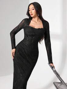 Modelyn Square Neck Lace Long Sleeve Fitted Midi Dress For Women Lace Black Dress Black Lace Bodysuit Black Dress Classy Elegant Long Sleeve Elegant Dress - Black - View 8