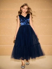 青少年女孩优雅奢华海军蓝 V 领无袖长网眼连衣裙，适合晚会、婚礼、花童、舞会、圣诞节、万圣节等场合 - 藏蓝色 - 查看 5