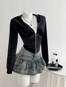 SHEIN Unity Áo khoác nhung trùm đầu eo bó sát tay dài cho nữ, Thu/Đông - màu đen - Xem 1