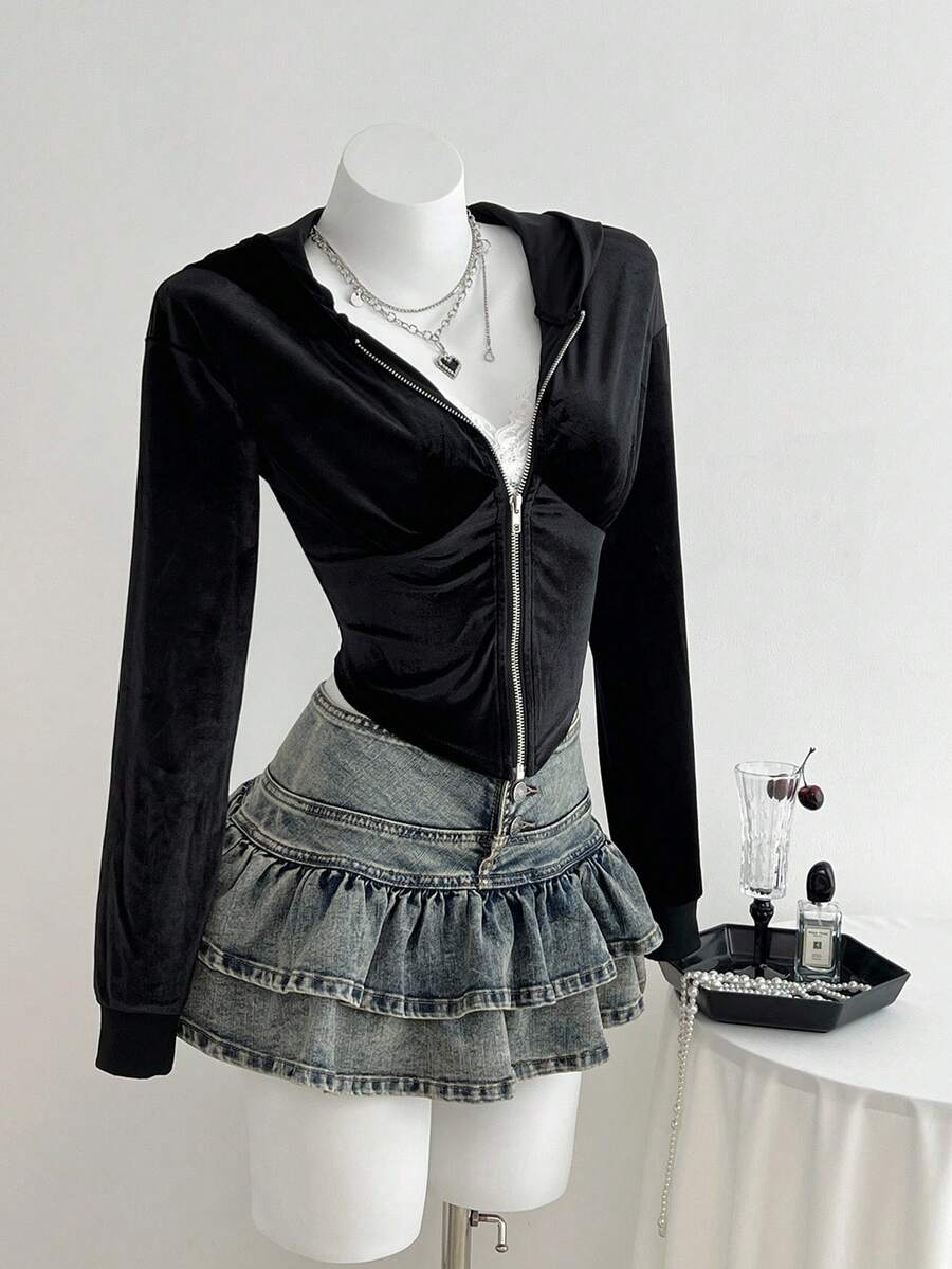 SHEIN Unity Áo khoác nhung trùm đầu eo bó sát tay dài cho nữ, Thu/Đông - màu đen - Xem 1