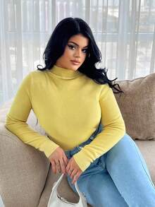 SHEIN SXY Nuevo suéter de cuello alto ajustado de unicolor para otoño/invierno, forrado térmico y grueso para mujer - Amarillo - Ver 3