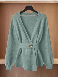 GlowEve Cardigan tricotat casual pentru femei, culoare solidă, cu umeri căzuți, mânecă lungă și curea, toamnă - Menta verde - Vizualizare 3