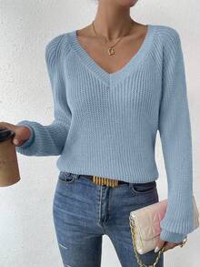 EMERY ROSE 女式休闲纯色V领插肩袖毛衣，秋冬 - 淺藍色 - 查看 5