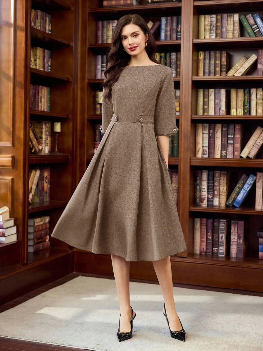 Vintamour Vintage klassisch elegantes Damenkleid, figurbetontes Boot-Ausschnitt 3/4 Arm Kleid mit Taillengürtel und Knöpfen, marineblau Kleid Herbstkleidung formelle Kleider für Frauen braunes Kleid Business Lässig Frau Frauenkleider Herbst Winter Silvester Kleid Silvester Frauenkleidung braunes Kleid - Braun - Übersicht 1